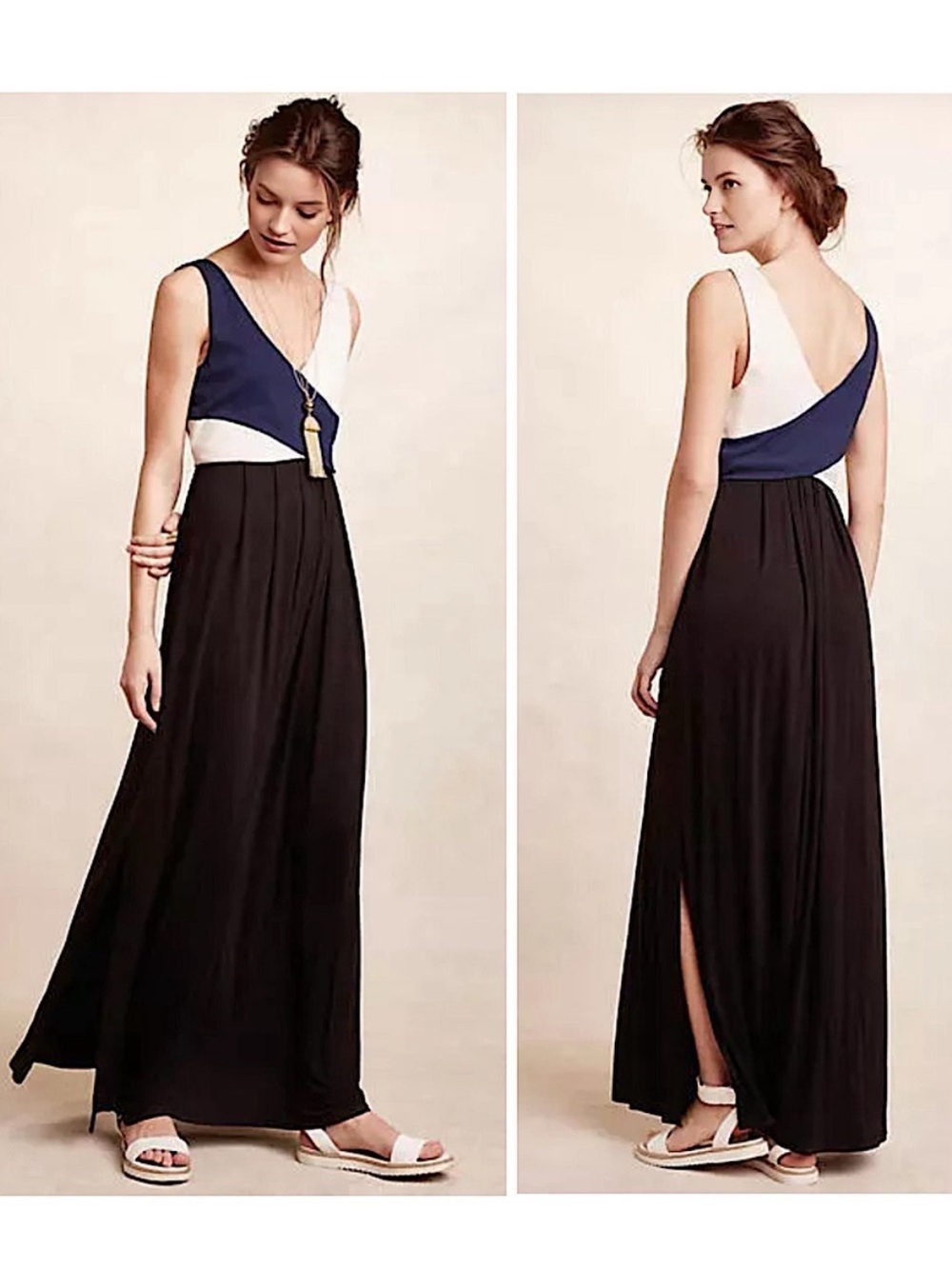 Anthropologie Maeve Elysian Color Block Maxi Dress Blue White Black Small